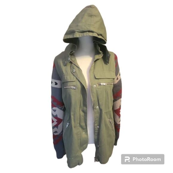 Thread & Supply Jacket Green Hood Aztec Sleeve Southwest Military Utility Women' - Picture 1 of 10